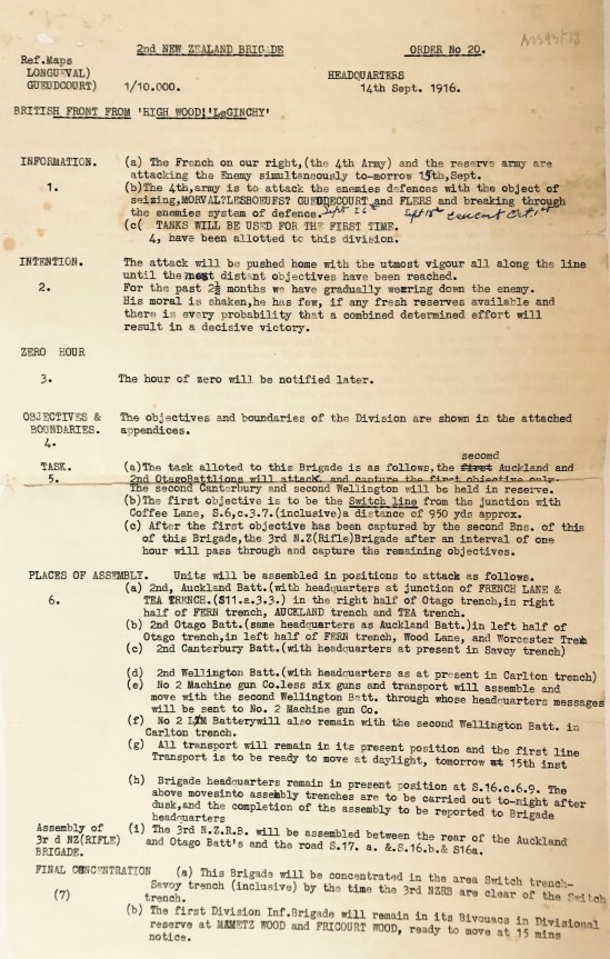 Order No. 20 - 2nd New Zealand Brigade - 14th September 1916